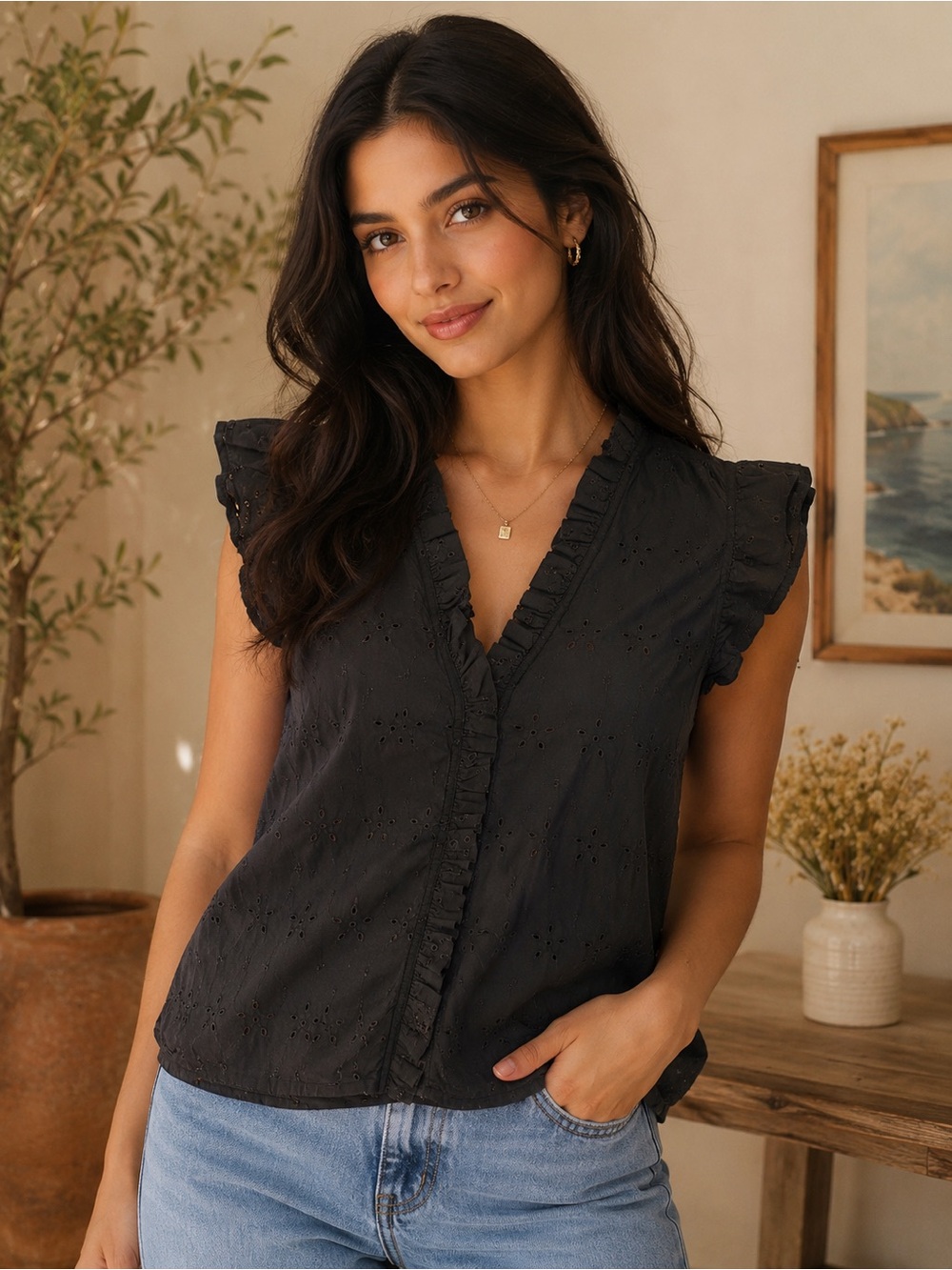 J. Crew Black Eyelet Ruffle Sleeveless Top Medium Cottagecore Feminine Blouse